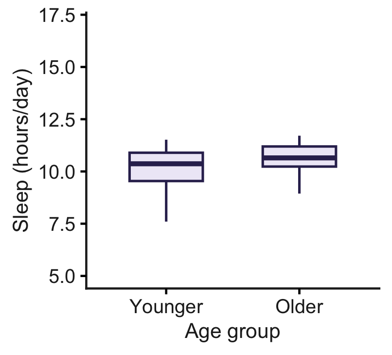 Boxplot comparing daily sleep time in younger and older dogs. The two groups have similar medians and spreads.